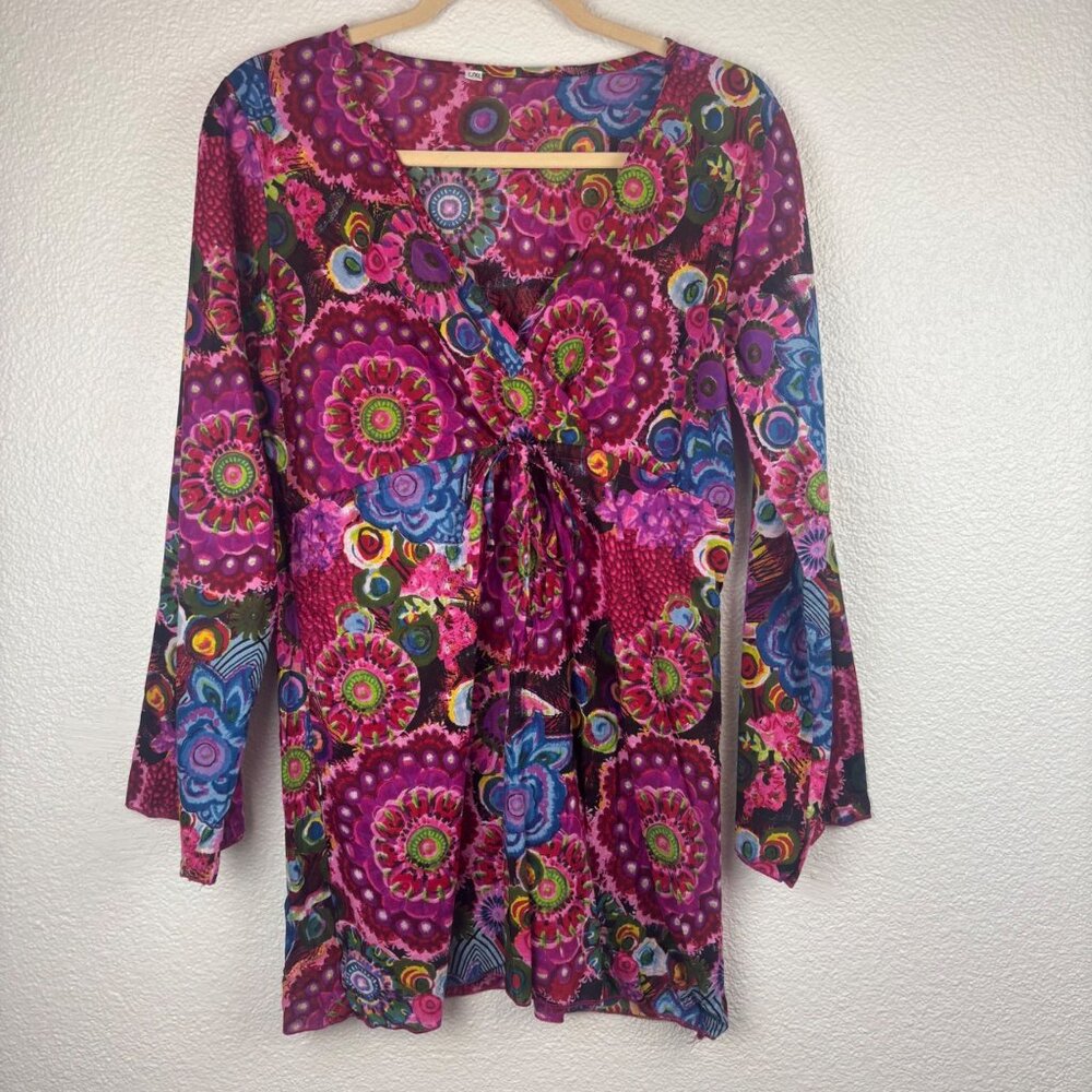 L/XL Hippie Boho Floral Tunic Top With Tie-Front Detail Vibrant Mandala Print